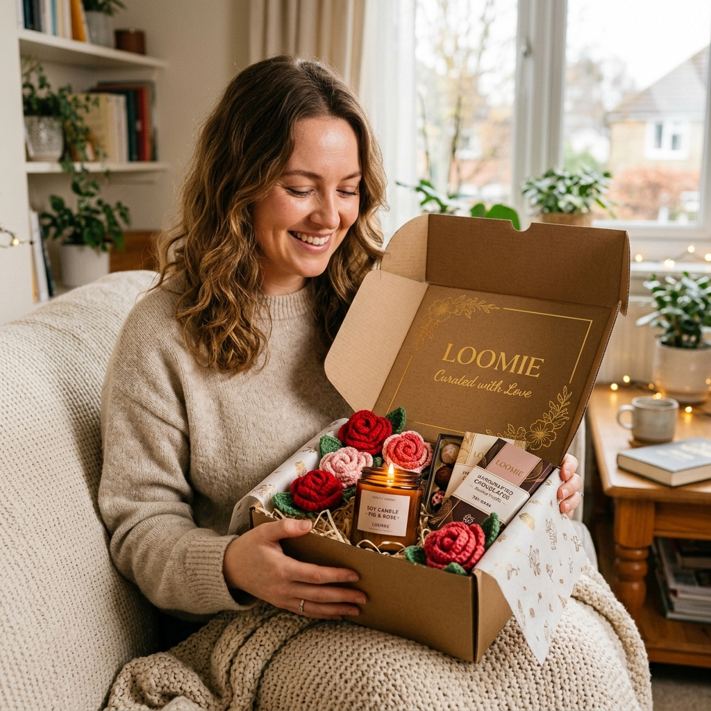 Priya Sharma receiving Loomie Rose gift set box